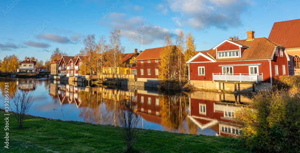 Old tow of Falun with traditional, picturesque, red wooden houses in the city of Falun in Dalarna, Sweded