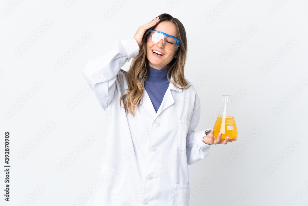Young Romanian scientific woman isolated on white background smiling a lot