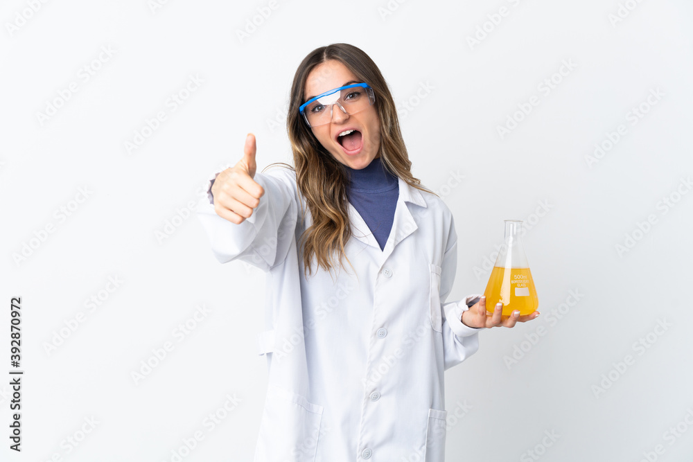Young Romanian scientific woman isolated on white background with thumbs up because something good has happened Young Romanian scientific woman isolated on white background with thumbs up because something good has happened