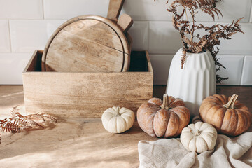Autumn still life. White and orange pumpkins with wooden chopboards in sunlight kitchen. Dry fern in vase. Kitchen. Wooden table background with linen napkin. Thanksgiving, Halloween concept.