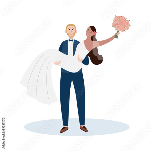 Happy couple of man and woman getting married, flat vector illustration isolated.