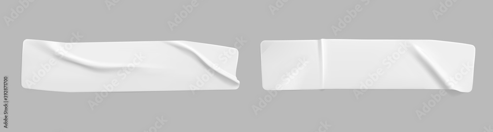 White glued crumpled rectangle stickers mock up set. Blank white adhesive paper or plastic sticker label with wrinkled and creased effect. Template label tags close up. 3d realistic vector White glued crumpled rectangle stickers mock up set. Blank white adhesive paper or plastic sticker label with wrinkled and creased effect. Template label tags close up. 3d realistic vector