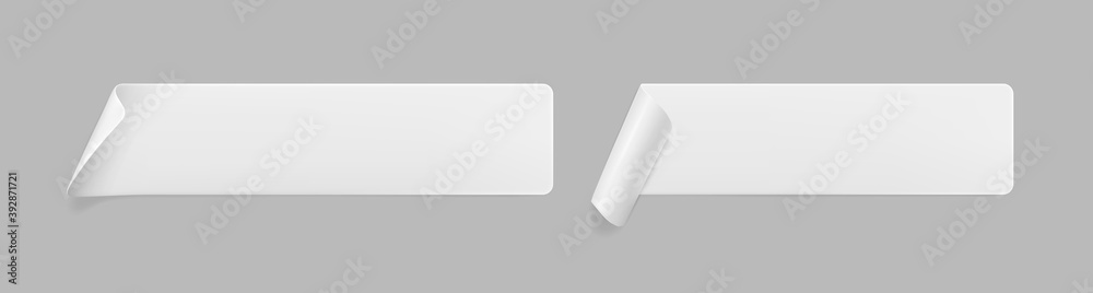 White glued rectangle stickers with curled corners mock up set. Blank white adhesive paper or plastic sticker label with wrinkled and creased effect. Template label tags close up. 3d realistic vector
