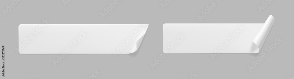 White glued rectangle stickers with curled corners mock up set. Blank white adhesive paper or plastic sticker label with wrinkled and creased effect. Template label tags close up. 3d realistic vector White glued rectangle stickers with curled corners mock up set. Blank white adhesive paper or plastic sticker label with wrinkled and creased effect. Template label tags close up. 3d realistic vector