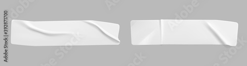 White glued crumpled rectangle stickers mock up set. Blank white adhesive paper or plastic sticker label with wrinkled and creased effect. Template label tags close up. 3d realistic vector