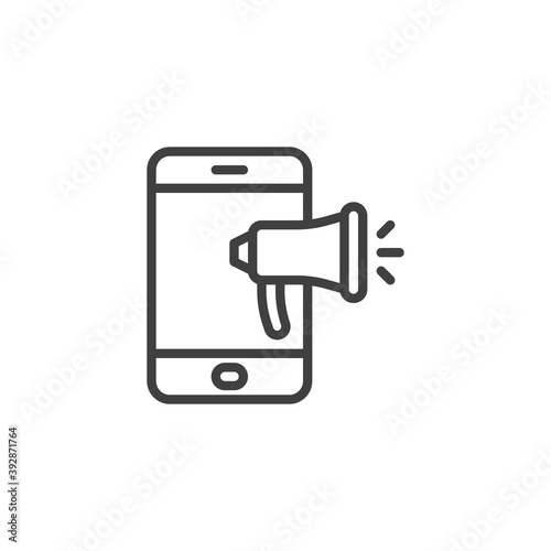 Mobile phone with megaphone line icon. linear style sign for mobile concept and web design. Mobile promotion, marketing outline vector icon. Symbol, logo illustration. Vector graphics