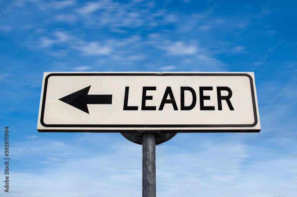 Leader road sign, arrow on blue sky background. One way blank road sign with copy space. Arrow on a pole pointing in one direction. Leader road sign, arrow on blue sky background. One way blank road sign with copy space. Arrow on a pole pointing in one direction.