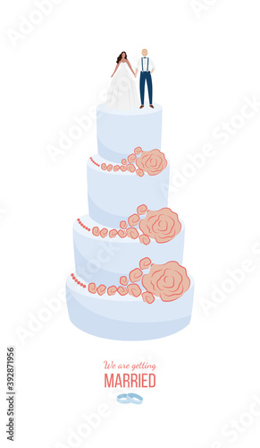 Wedding invitation with marriage rings, cake and inscription a vector illustration