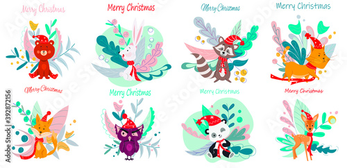 Christmas card with cartoon animals. Set of animals in red caps. Vector illustration