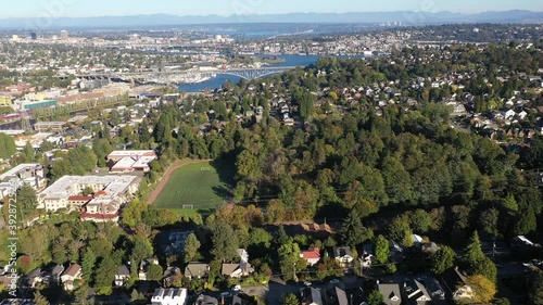 Aerial / drone footage of Northlake, Fremont, Interbay, Lawton Park, Fremont Cut, Salmon Bay, upscale, affluent neighborhoods uptown by Puget Sound, in Seattle, Washington photo