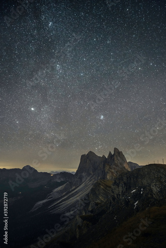 Star sky at night on Seceda Mountain, one of the most famous travel destination in Dolomites, Italy