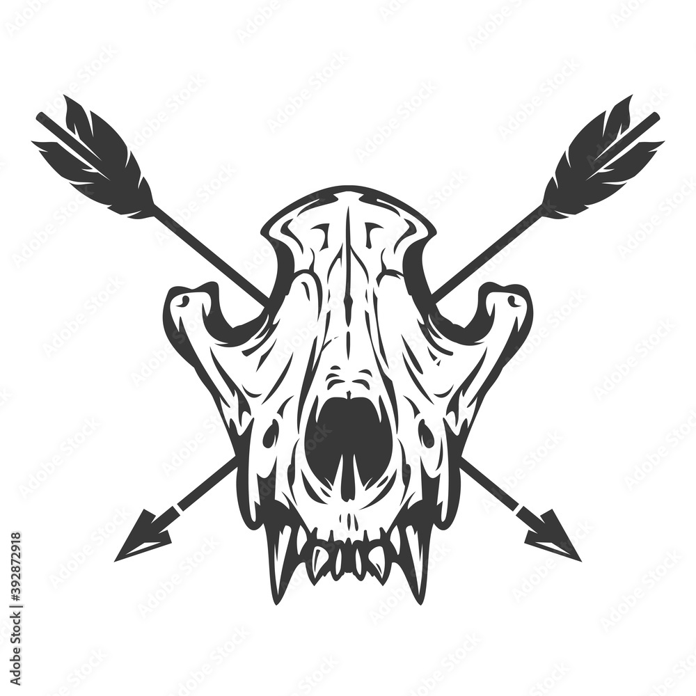 Wolf or dog skull with wood arrows in hand drawn monochrome style ...
