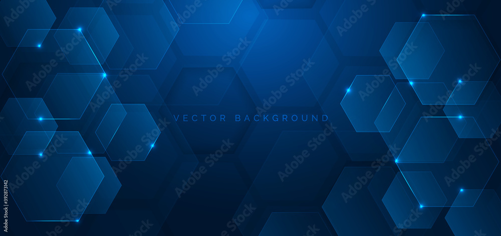 Abstract technology futuristic hexagon overlapping pattern with blue light effect on dark blue background.