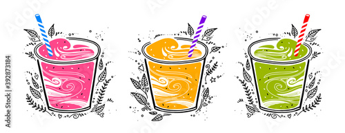 Set, fresh smoothies in different colors. Superfoods and health or detox diet food concept in doodle style. Hipsters cocktail in a glass with a straw.