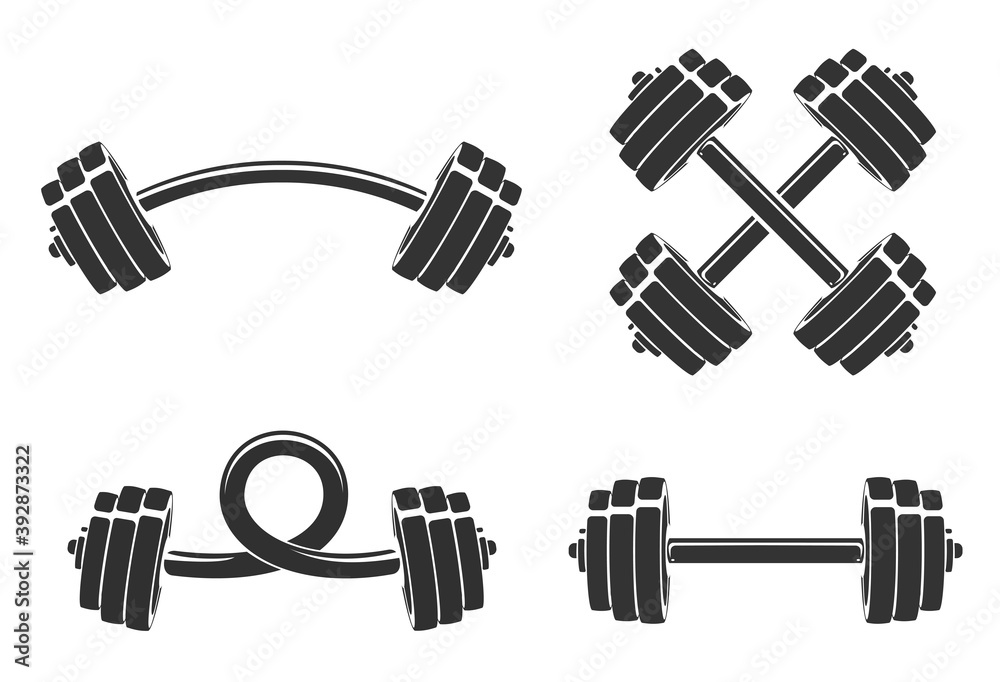 Photo Set vector hand drawn silhouettes of dumbbell and barbell isolated on white background cgterminal Posters tableaux et papiers peints Europosters