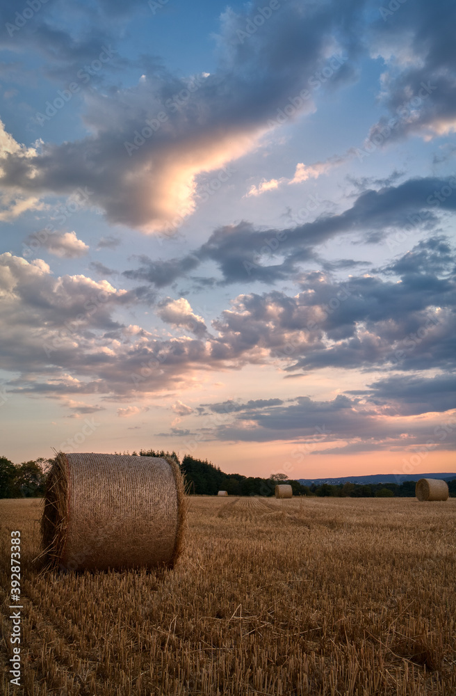 Strawbale at sunset on a german field in Eifel county of west Germany