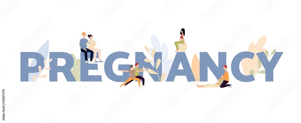 Big pregnancy word with couples in baby expectation, flat vector illustration.