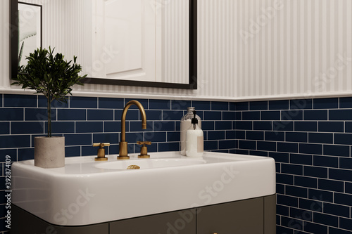 Modern bathroom interior with blue tiled walls, large mirror, white washbasin. 3d render. Classic style.