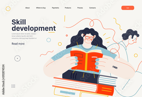 Business topics - advance training, education, skill development, web template. Flat style modern outlined vector concept illustration. Man and woman reading books. Business metaphor.