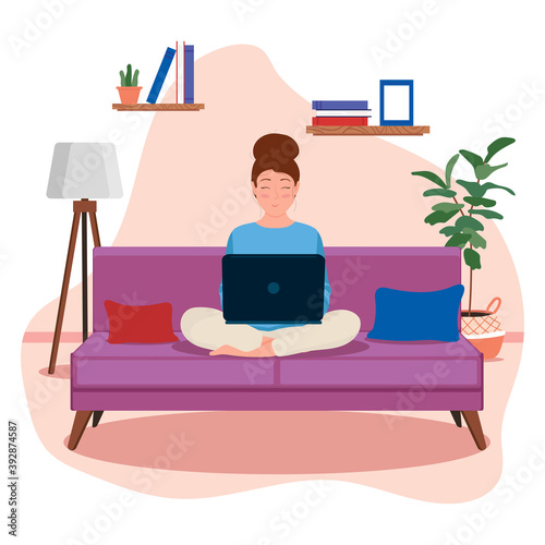 Girl sitting on a sofa and working on laptop online from home. Cute vector stock illustration in flat style, isolated on white background. Studying or freelance concept.