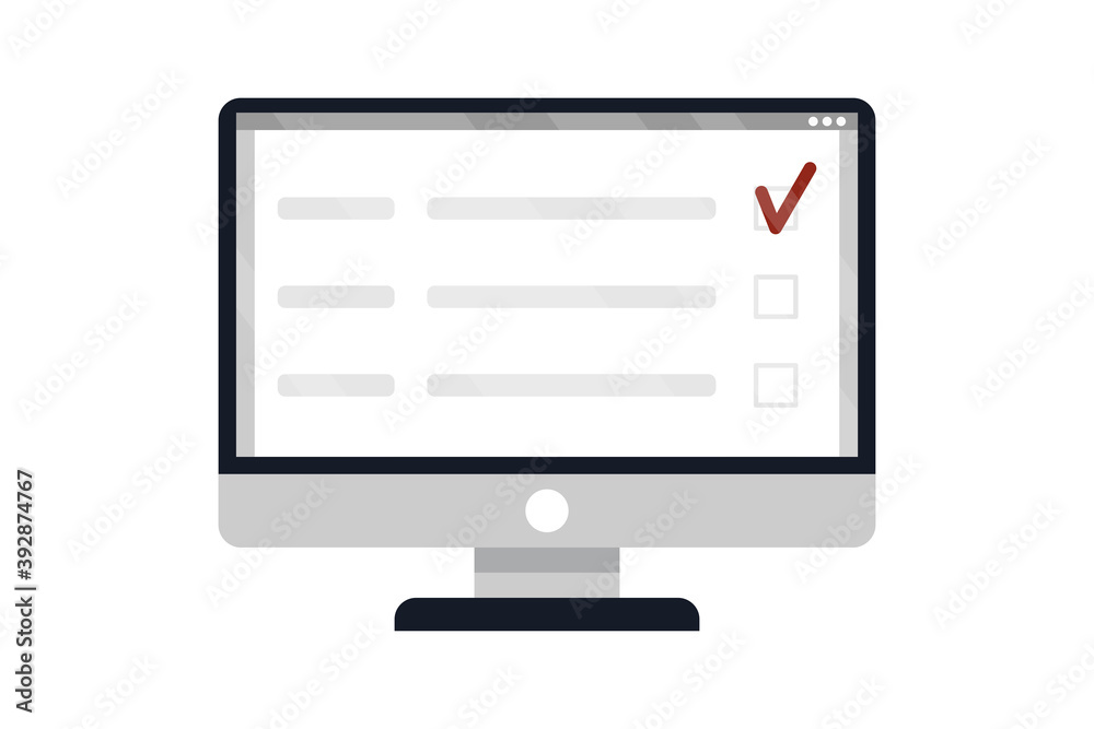 Computer screen with checklist document. Concept of paper checklist and to do list with checkboxes, survey, completed things or done test etc. Vector stock illustration isolated on white background.