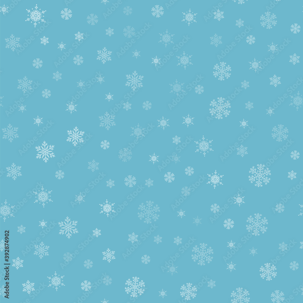 Snow seamless pattern. White snowflakes on blue background. Falling snow.