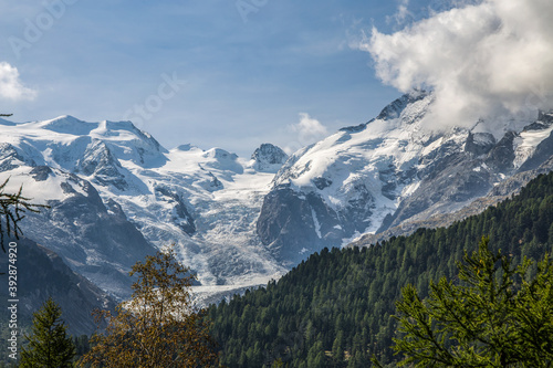 View of Morteratsch Glacier, the largest glacier of the Bernina massif in Switzerland.
