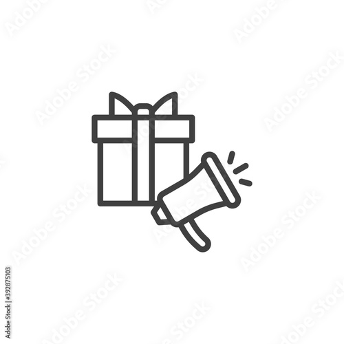 Gift box, megaphone line icon. linear style sign for mobile concept and web design. Megaphone promotion outline vector icon. Business marketing symbol, logo illustration. Vector graphics