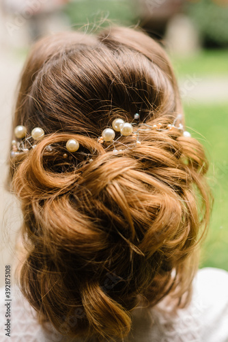 Bridal hairstyle with decoration close-up