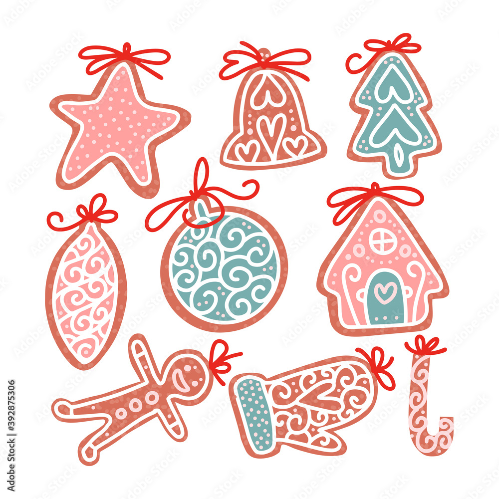 Set of christmas gingerbread cookie in flat hand drawn style. Sweet food with ropes for fir decoration. Icon, symbol, logo. Christmas tree, house, bauble, mitten, star. Vector isolated illustration