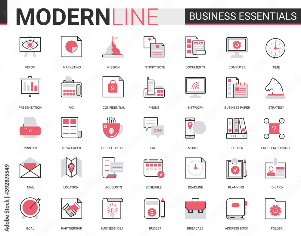 Business thin red black flat line icon vector illustration set ...