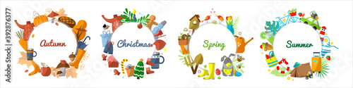 Four seasons set. Different elements and signs of winter, autumn, spring, summer in circle. Cartoon design
