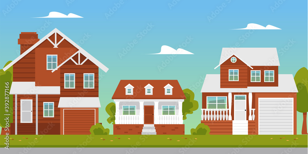 Suburban landscape with buildings or country cottages flat vector illustration.