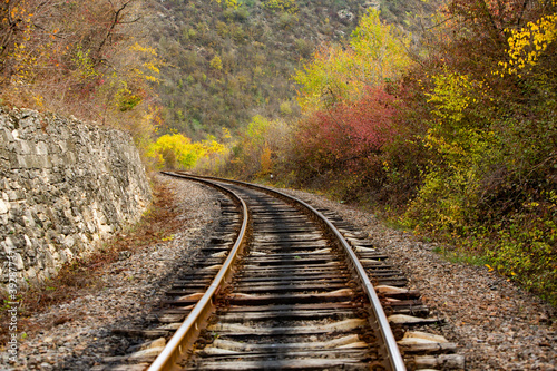 Russian Straight Railway with trees. Landscape with railroad, summer time traveling, freedom of movement.