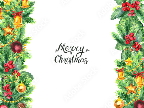 Christmas border and lettreing isolated on white background