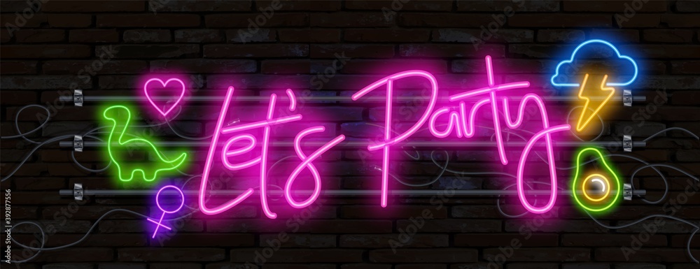 Neon sign Lets party, lettering on dark background vector illustration. Logo design template. Light banner, glowing neon signboard for advertising. - obrazy, fototapety, plakaty 