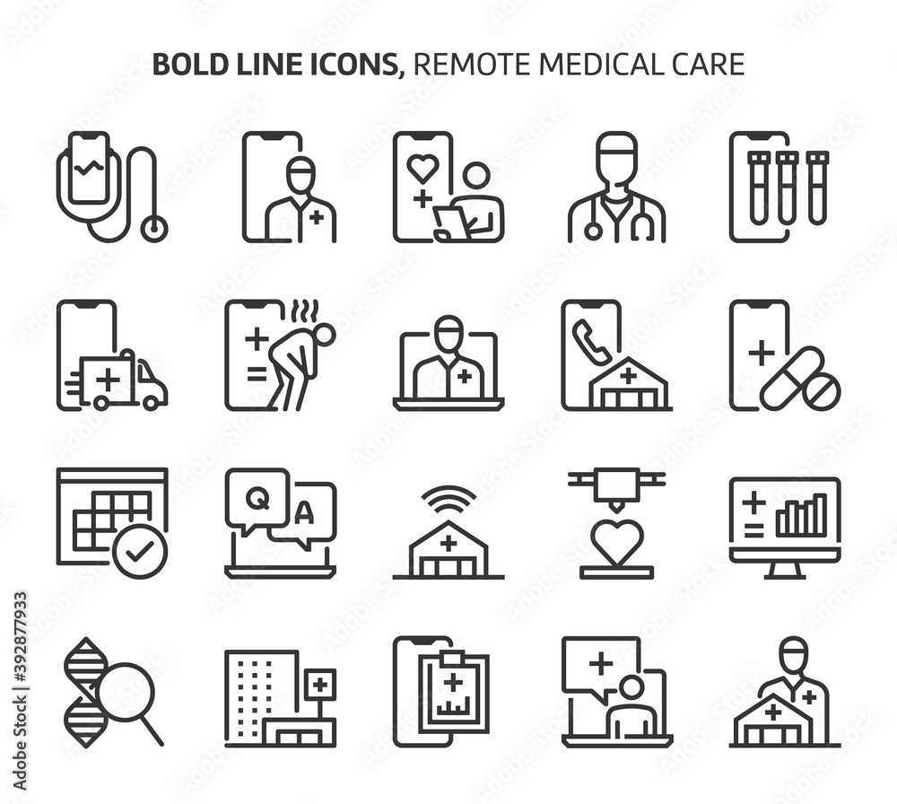Remote medical care, bold line icons.