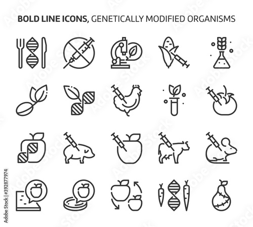 Genetically modified organisms  bold line icons.