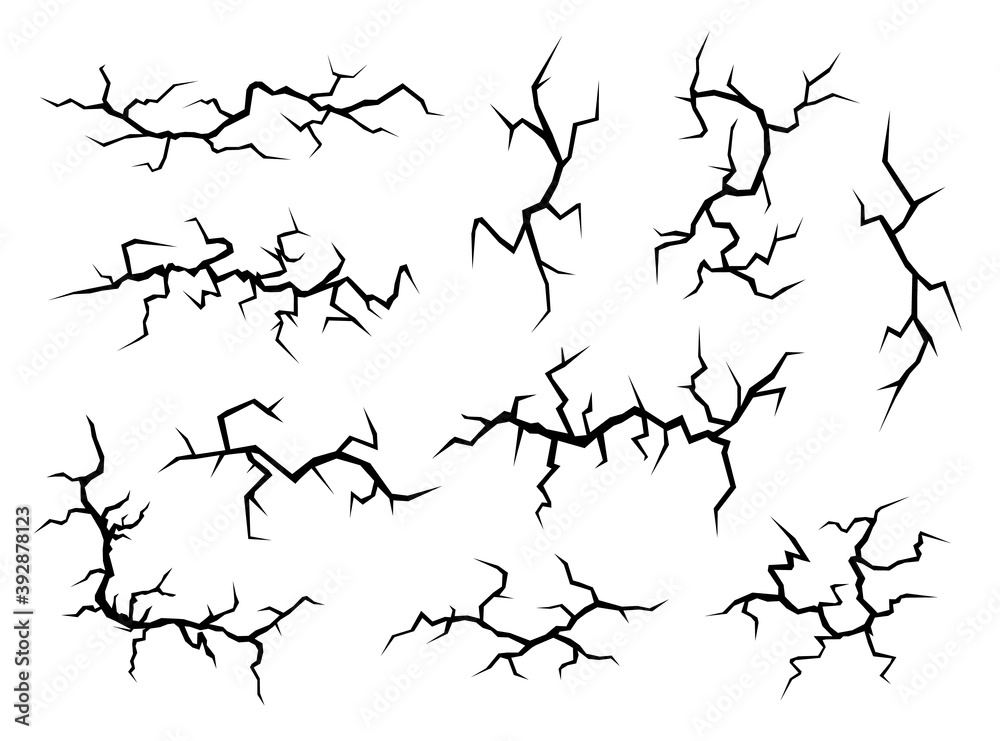 Obraz premium Black ground cracks isolated on white background. Abstract volcanic fissures set, vector decorative elements.
