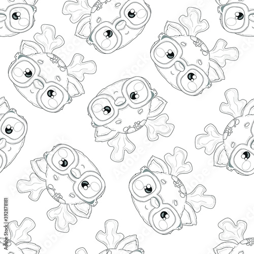 Cute cartoon baby deer with glasses sketch seamless patter template. Graphic vector illustration in black and white for games, background, pattern, decor. Coloring paper, page, children's story book. 