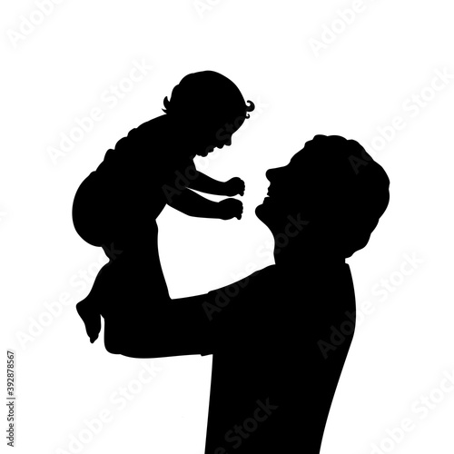 Silhouette happy father holding newborn baby in air closeup