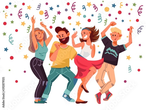 People on party. Cartoon female, excitement dance laughing characters. Isolated dancing women, group friends celebration vector illustration
