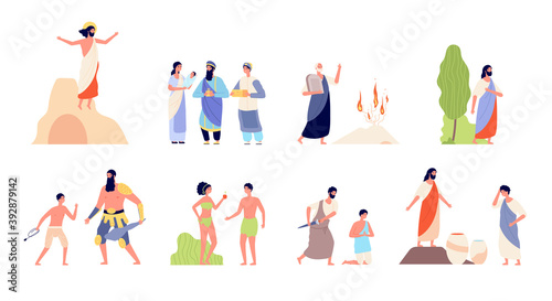 Bible scenes. Religion people, isolated biblical legendary concepts. Christian story, murder prayer man birth god or lord utter vector set. Illustration legendary scene bible, christian saint story