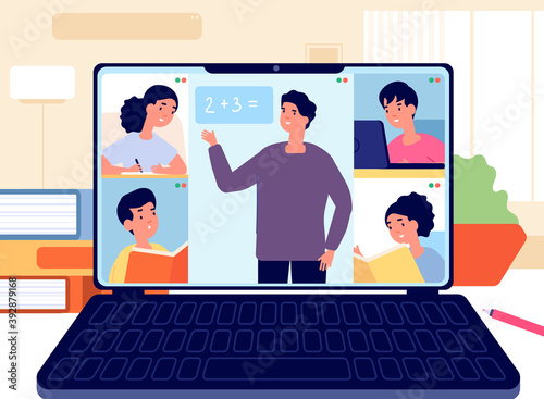 Teacher on screen. Student group, virtual school teaching on laptop. Young coach with boy girl, online college meeting utter vector concept. Illustration student conference to education use laptop