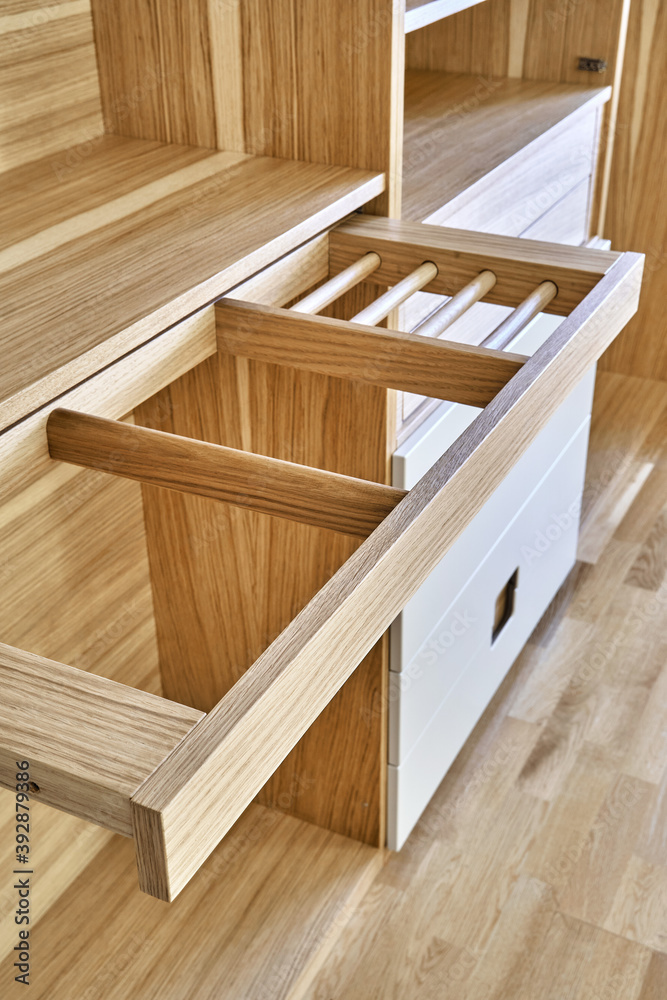 Modern wardrobe with slide out rack for coathangers. Detail of modern furniture Modern wardrobe with slide out rack for coathangers. Detail of modern furniture
