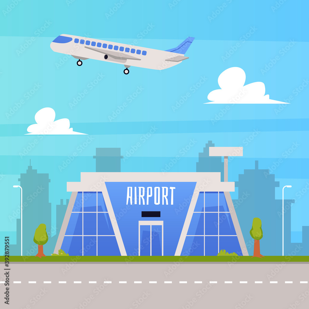 Background with air terminal building and runway flat vector illustration.