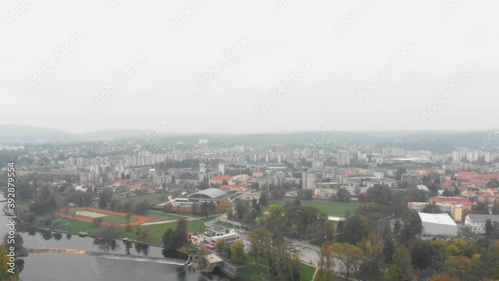 Karlovac City in Croatia on cloudy, foggy day. Aerial Establishing Karlovac City in Croatia on cloudy, foggy day. Aerial Establishing