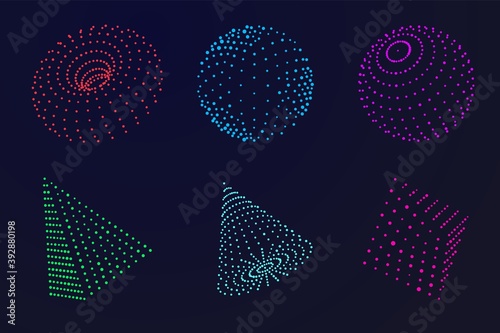 Science atom sphere. Digital grid globe, abstract color dots geometric form. 3d wireframes particle, futuristic technology recent vector set. Illustration science sphere grid, 3d abstract technology