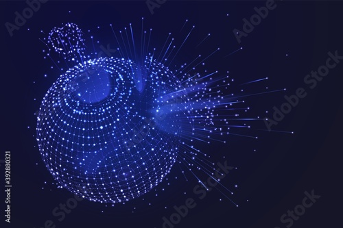 Abstract sphere explosion. Particles burst, energy spark globe banner. Digital technology world, 3d recent connected lines vector concept. Illustration futuristic and dynamic creative glow grid