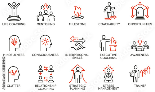 Vector Set of Linear Icons Related to Coaching, Career Development and Striving for Self-Realization. Mono Line Pictograms and Infographics Design Elements - part 2 photo